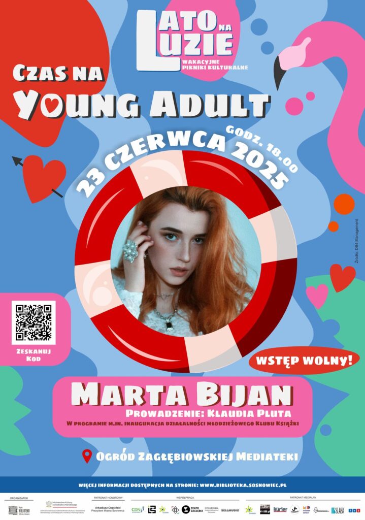 Kolorowy plakat, raczej w płaskiej stylistyce, bez gradientów - tło w kolorach niebieskich, poza tym tu i ówdzie elementy turkusowe i czerwone. U góry po prawej fragment minimalistycznego flaminga (różowego). Na środku plakatu obrazek dużego koła ratunkowego (biało-czerwonego), w środku tego koła wmontowane zdjęcie (portret) młodej kobiety (Marty Bijan) - rude włosy, na palcu prawej dłoni duży pierścionek z jasnymy kamieniami (dłoń sięga do ucha, tak jakby odgarniała włosy), biała bluzka, makijaż, lekko uchylone usta. Na plakacie, czasem na kolorowych (choć jednobarwnych, np. różowych) winietach białe napisy, w których zastosowano dość gruby i wesoły font (wersaliki i kapitaliki).