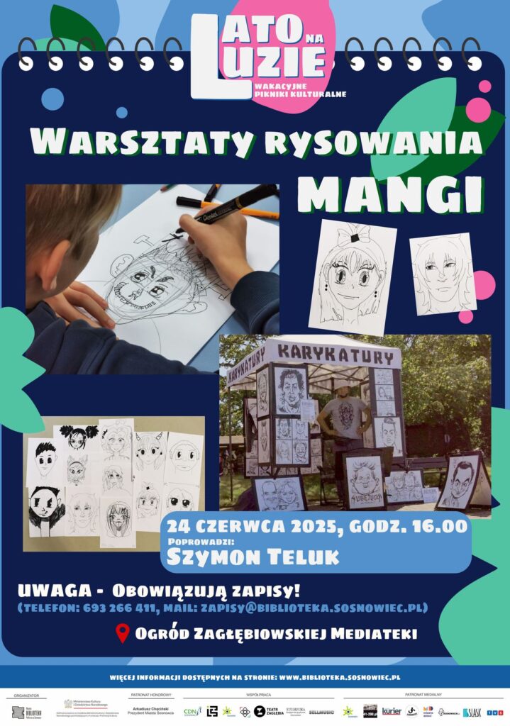 Plakat w stylistyce płaskiej (przynajmniej tło_. Kolorystyka dominująca - granaty, niebieskości, tu i ówdzie jakiś płaski element ozdobny (wielokąt, owal, kształty nieregularne). Tło przypomina jakiś skoroszyt (u góry widać charakterystyczną sprężynkę). Na plakacie znajdują się 3 dość duże zdjęcia (nieregularnie rozmieszczone (na jednym dziecko rysujące jakiś portret w stylu mangowym, na dwóch kolejnych znajdują się zbiory rysunków (również postacie), poza tym są tutaj też dwa malutkie zeskanowane rysunki (pojedyncze portrety mangowe). Poza tym białe napisy zgodne z opisem wydarzenia - gruby, wesoły font, wersaliki i kapitaliki,