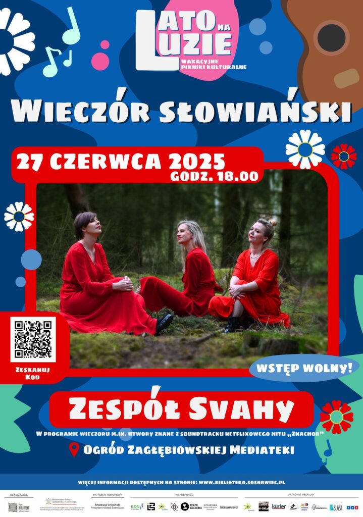 Plakat, w jego środkowej cześci zdjęcie 3 kobiet w czerwonych sukienkach, siedzących gdzieś w lesie na trawie/mchu. Dokoła zdjęcia czerwona ramka. Dookoła ramki dużo przestrzeni w kolorach granatu i niebieskiego, dużo porozrzucanych płaskich elementów (turkusowych, białych itd.) - kwiatów, nutek, kółek, gitara, kształty abstrakcyjne itd. Poza tym białe napisy zgodne z opisem wydarzenia. Z lewej strony,a czerwone ramce, niezbyt duży kod QR.
