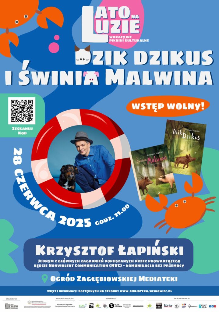 Plakat w klimacie letnim - tło granatowo-niebieskie (trochę obłych kształtów niebieskich, trochę granatowych). Poza tym tu i ówdzie porozrzucane płaskie kształty turkusowe i pomarańczowe - raki (lub kraby), jakaś abstrakcja, jakieś małe kuleczki różowe. W centralnej części plakatu płaska grafika koła ratunkowego, a w nią wlepione metodą kolarzu zdjęcie mężczyzny (zapewne autora książek dla dzieci) w koszuli i kapeluszu. Obok mężczyzny, na tym samym zdjęciu, czarny pies. Obok koła ratunkowego zamieszczono 2 okładki książek, na okładkach dzik oraz dzik ze świnką. Poza tym na plakacie białe napisy zgodne z opisem wydarzenia.