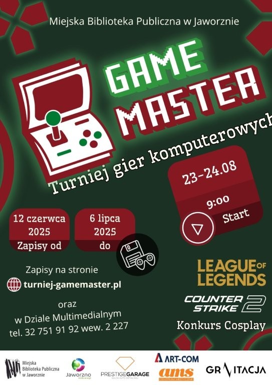 Plakat z ciemnozielonym tłem, racze w płaskiej stylistyce, z lewej strony białe logo/ilustracja o bordowym obrysie, przedstawiające hybrydę książki i automatu do gier, obok napis GAME MASTER Turniej gier komputerowych (słowo GAME ma dookoła zieloną poświatę, jakby świeciło). Napis wraz z logo są dosyć duże, ułożone są pod skosem ok 40 stopni (lewa strona niżej). Tu i ówdzie bordowe i czarne kształty/winiety, a na nich białe teksty i czasem kształty w stylu line icon. Jeden napis jest w kolorze żółtym (logo Leage of Legends). Jest jeszcze biały logotyp Counter Strike 2. Poza tym treść plakatu zgodna z opisem wydarzenia.