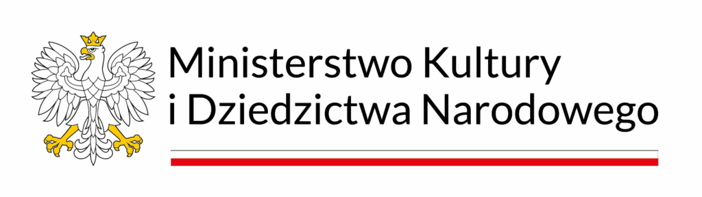 Logo- tekst czarny, po lewej biały orzeł, pod tekstem długi pasek biało-czerwony