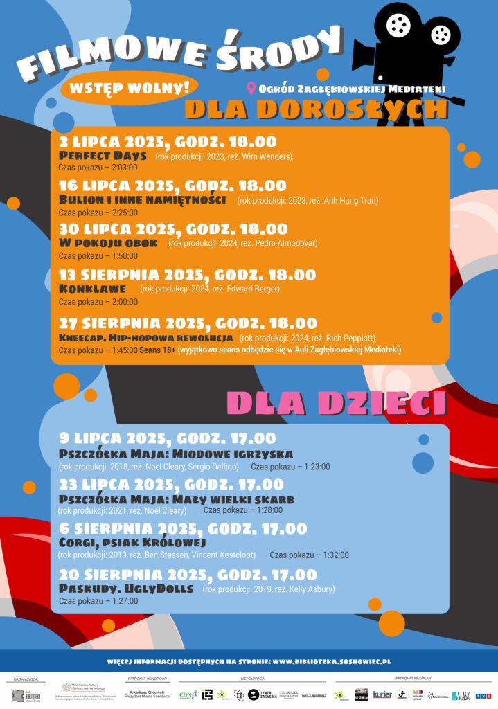 Plakat z repertuarem (filmy) - treść zgodna z opisem wydarzenia. Kolorystyka plakatu - dużo różnych kolorów, głównie niebieskości, ale również czerwienie (fragmenty kół ratunkowych), pod napisami z tytułami filmów pomarańczowa i niebieska winieta