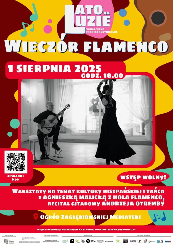 Plakat, treść jak w opisie wydarzenia. Tło kolorowe w stylistyce płaskiej, jakieś kształty, najwięcej tam jest żółci i bordo. Na środku wklejone czarno-białe zdjęcie - na nim wnętrze pokoju, wewnątrz na pierwszym tle kobieta w czarnej sukni tańcząca prawdopodobnie flamenco, w tle siedzący mężczyzna grający na gitarze.