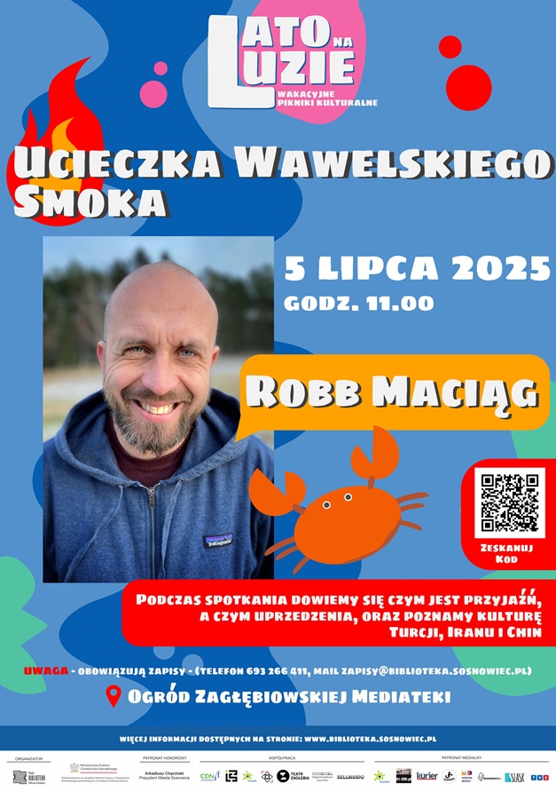 Plakat w stylistyce płaskiej (bez gradientów, trójwymiarów), mnóstwo kolorowych elementów abstrakcyjnych, dużo niebieskości w tle, jednym z elementów jest pomarańczowy kształt kraba/raka.. Napisy białe, treść zgodna z opisem wydarzenia. Z lewej strony średniej wielkości zdjęcie autora - uśmiechnięty mężczyzna w średnim wieku, z niedługą brodą, bez włosów na głowie, w niebieskiej bluzie z kapturem, kadr od klatki piersiowej w górę, w tle za mężczyzną rozmyte drzewa, trawa, ulica / parking.