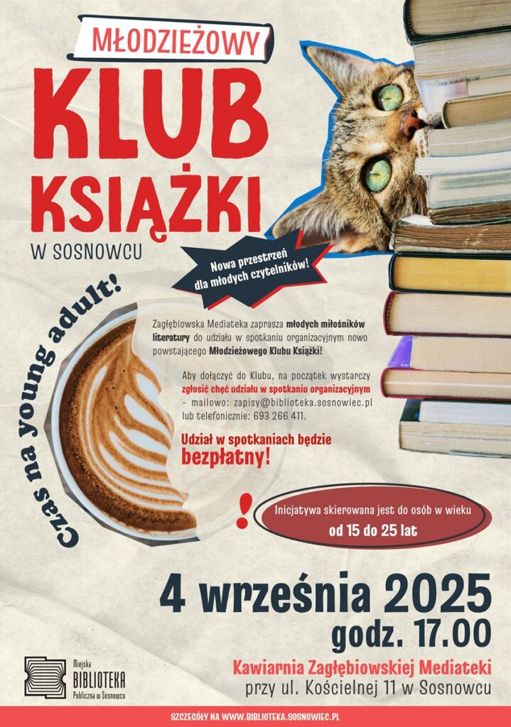 Plakat, treść jak w opisie wydarzenia. Pod względem graficznym: tło iminituje lekko pognieciony beżowy papier. Po prawej stronimetoda kolażu ustwaiony stos książek (wycięte z jakiegoś zdjęcia), zza tego stosu wystaje głowa kota (tez wycięte z innego zdjęcia), po lewej wiadać kawałek kubka z kawą (zdjęcie od góry). Napisy duże czerwone "Klub książki", pisane wersalikami. Poza tym napisy mniejsze  czerwone oraz czarne (więcej jest czarnych)