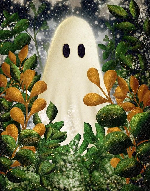 Piękna ilustracja - na pierwszym planie różne roślinki, a tuż za nimi wystający duszek. Klimat bardzo uroczy, ale nie kiczowaty, kolorki minimalnie przygaszone. Kształty niezbyt skomplikowane, ale wypełnienie nieco "brudzące" (choć nie wystaje poza granice kształtów).
