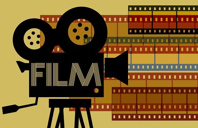 Na grafice znajduje się czarny, może nawet minimalistyczny kształt kamery (z zamontowanymi rolkami taśmy filmowej) W tle znajdują się kształty tradycyjnych klisz filmowych, prostych, ,również minimalistycznych, mających różne przygaszone kolory - bordeux, brąz, zieleń, niebieski. Tło grafiki w kolorze w miarę jasnej przygaszonej oliwki