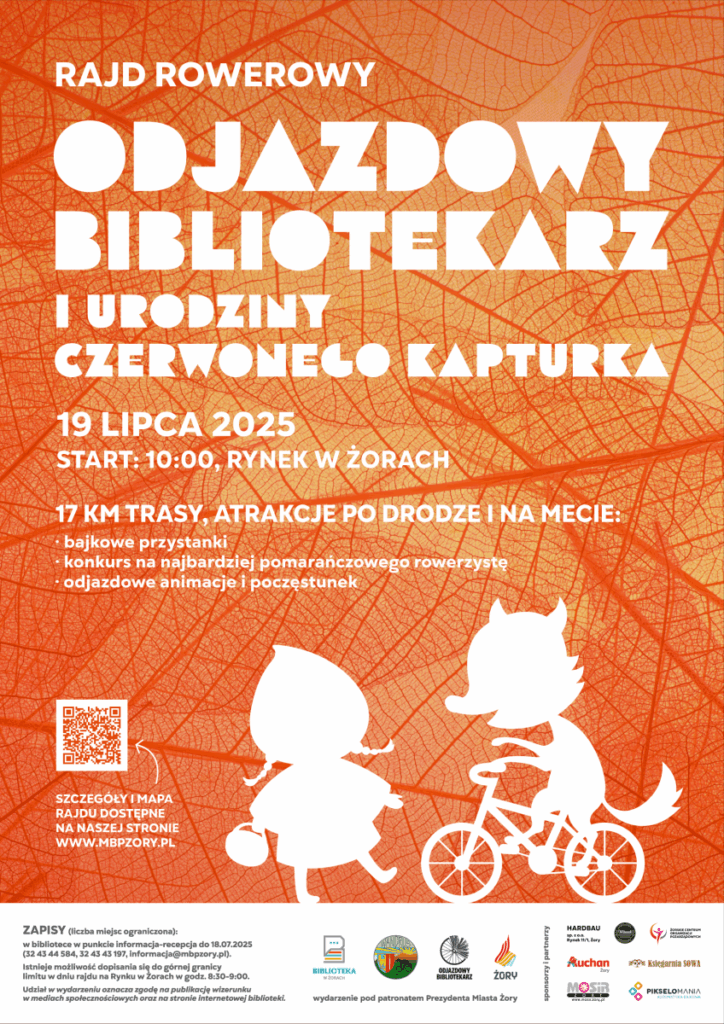 Plakat - tło pomarańczowe, gdzies tam z tego tła wyłaniają się delikatne kształty liści. Poza tym u dołu minimalistyczny kształt w stylu rysunkowym (ale bez cieni itd., kształt jest wypełniony, jakby to był wycięty kawałek z białej kartki) Czerwonego kapturka oraz wilka. Wilk jedzie na rowerze. Poza tym białe napisy zgodne z opisem wydarzenia.