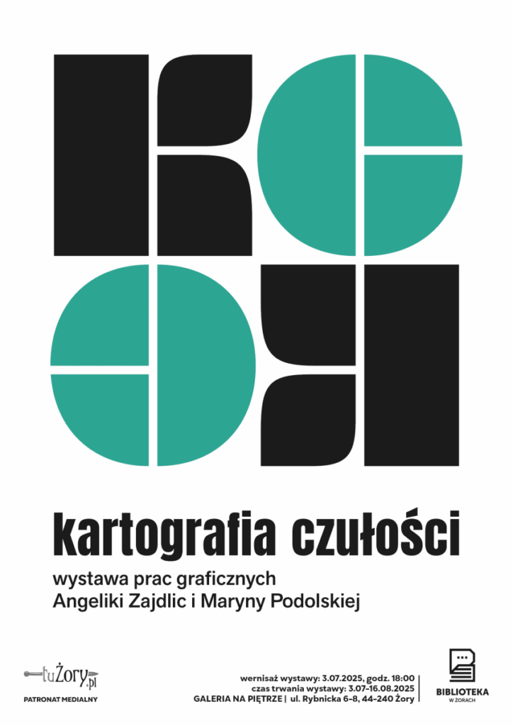 Plakat - tło białe, od góry prawie do dołu, łącznie aż 2/3 długości plakatu zajmuje gówny motyw graficzny, czyli 4 ogromne litery dekoracyjne - grube, pełne krągłe, w pierwszym wierszu są to litery KE (prawdopodobnie) i w drugim wierszu to samo, z tym, że w lustrzanym odbiciu. U dołu pod tym motywem graficznym zamieszczono czarne napisy "Kartografia czułości" itd., ogólnie napisy zgodne z opisem wydarzenia. Główny motyw graficzny (czyli te ogromne litery) są w kolorach: pierwsza literaz K jest czarna, druga litera, czyli E, jest turkusowa (lub ciemniejsza mięta wchodząca lekko w turkus). Plakat ogólnie w stylistyce płaskiej, bez gradientów oraz innych (poza tym głównym płaskim motywem graficzno-typograficznym).