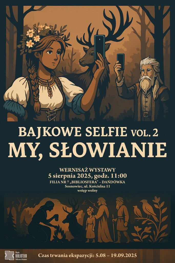 Plakat w kolorach brązu, beżu i przygaszonego turkusu. Jest to ilustracja (prawdopodobnie zrobiona przez sztuczną inteligencję) przedstawiająca m.in Słowian (młodą kobietę i starszego mężczyznę). Napisy w kolorze beżowym zgodne z opisem wydarzenia.