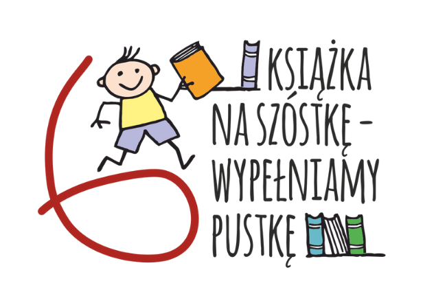 Logo "Ksiażka na szóstkę - wypełniam pustkę". Po lewej duża cienka czerwona cyfra 6, na jej brzuszku biegnący z książką chłopczyk (rysowany cyfrowo, minimalistycznie, w stylu kreskówkowym/dziecięcym), po prawej stronie napis oraz narysowane książki (grzbiety) umieszczone przed oraz za literami
