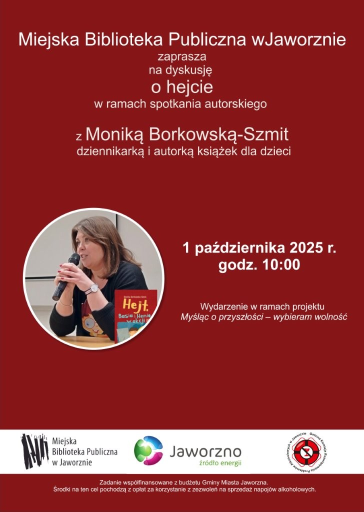 Plakat - dużo przestrzeni zajmuje tu gładkie tło ciemnoczerwone. Poza tym w niewielkim okręgu zdjęcie autorki umieszczone po lewej stronie tuż poniżej środka (kobieta w średnim wieku siedząca przy stole, mówiąca do mikrofonu, ciemniejsze włosy do ramion). Poza tym białe napisy (niezbyt duże) zgodne z opisem wydarzenia