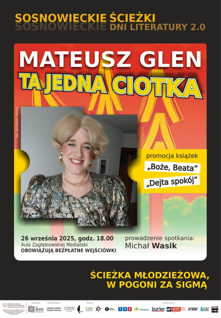 Plakat czarna obwódka, w środku tłó półprzezroczyste przedstawiające choinki zrobione z książek (cały ten element ma kolory czerwonow-żółte zielone), na to wstawione jest zdjęcie przedstawiające autora - mężczyznę przebranego za kobietę. Włosy blond (choć niezbyt długie), makijaż, bluzka itd. Poza tym napisy białe, żółte oraz czarne zgodne z opisem wydarzenia,
