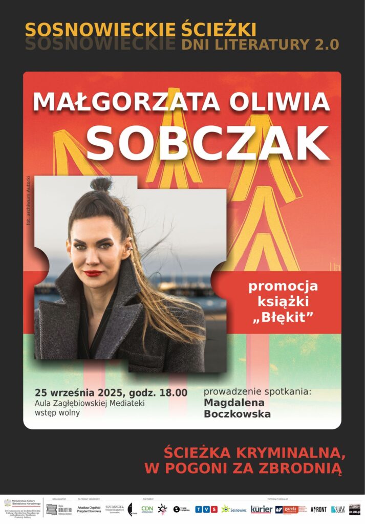 Plakat, - czarna obwódka, natomiast w środku tło czerwono-żółto-zielone, a na nim wstawione kolorowe zdjęcie autorki - kobiety uśmiechającej się, z kokiem u góry, część długich włosów puszczona na ramię, na ustach mocna szminka ciemno=czerwona. Postawiony sztywny duży kołnierza płaszcza. W tle jakieś miasto. Poza tym napisy jak w opisie wydarzenia (białe, czarne, żółte i czerwone).