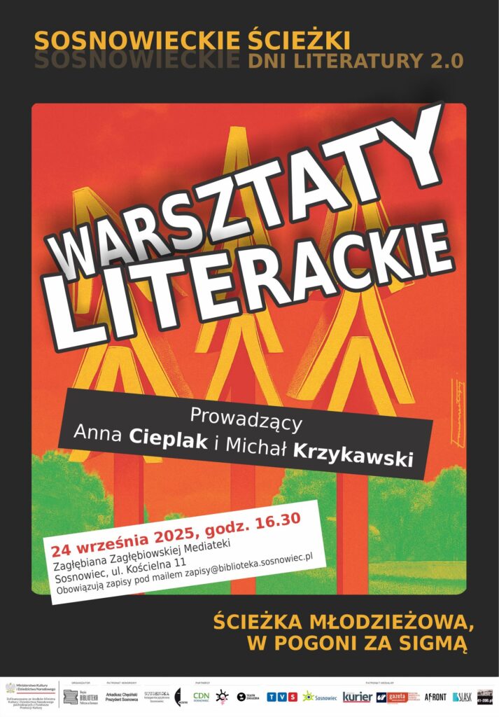 Plakat - czarna obwóska, w środku (jako tło żółto-czerwono-zielone choinki z książek i w tle drzewa).