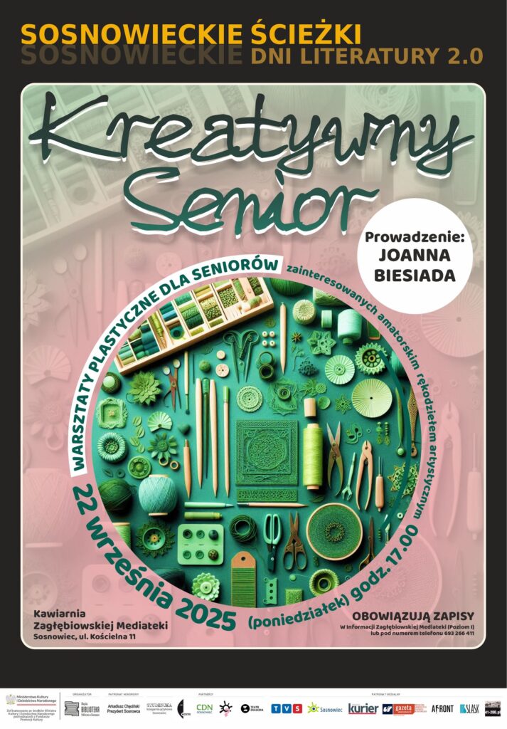 Plakat w kolorach delikatnego róży i zieleni (tło, kolory te przechodzą delikatnie gradientowo), na środku okrąg a w nim na zielonym tle różne rzeczy do rękodzieła - nici, nożyczki itd.. (zdjęcie). Do tego napis ciekawą zakręconą lekko czcionkę "Kreatywny Senior", poza tym teksty zgodne z opisem wydarzenia.