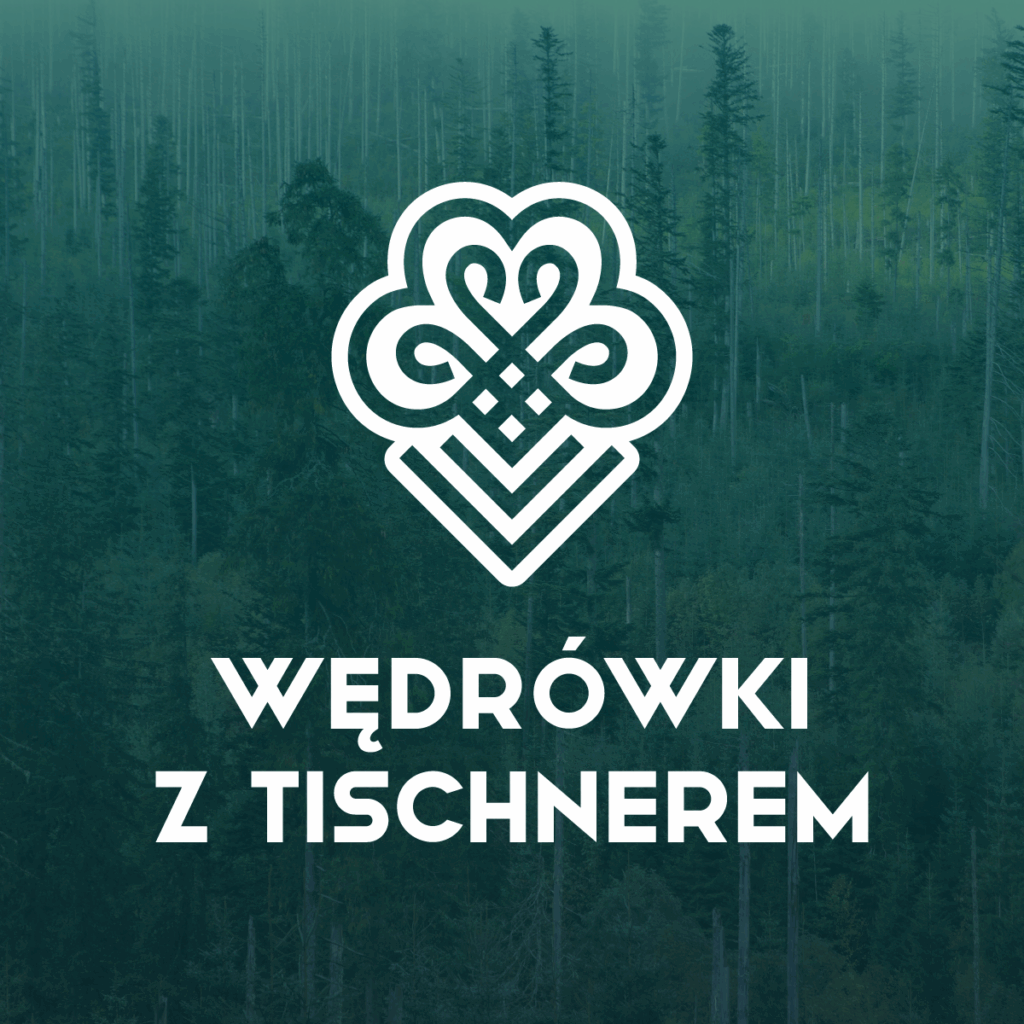 Grafika - turkusowe tło (widać w nim bardzo delikatnie zarysy drzew), na tym tle biały wzór/sygnet (ludowy?) oraz napis wersalikami "WĘDRÓWKI Z TISCHNEREM"