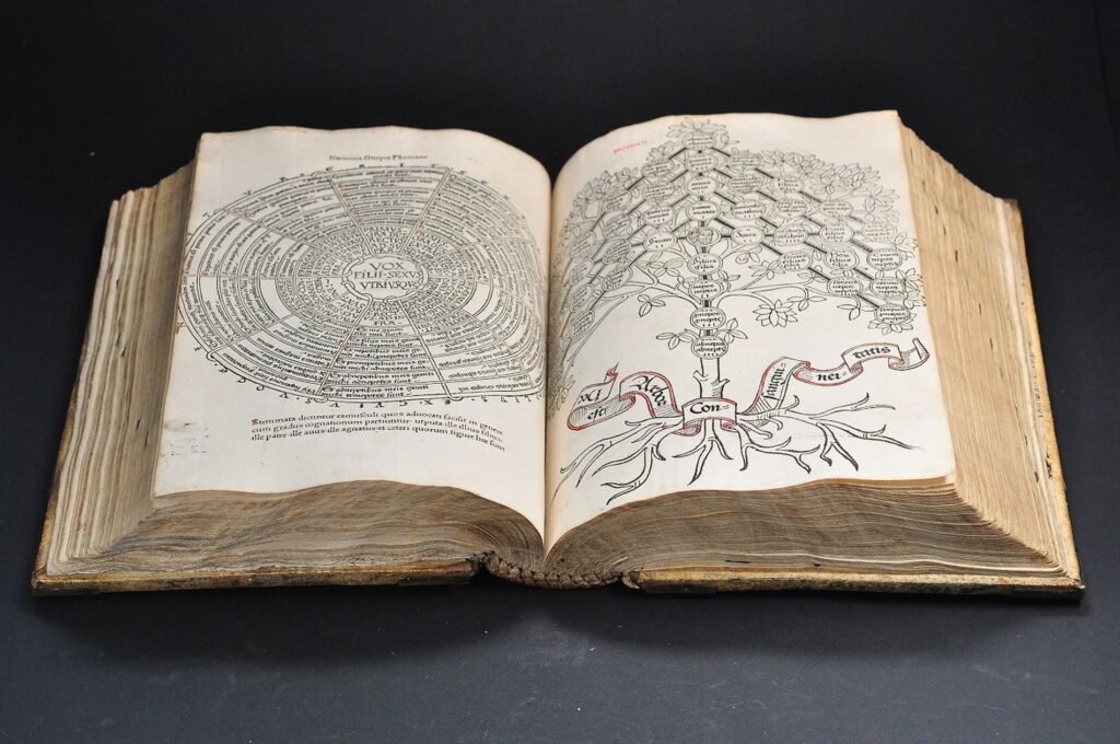 Starodruk - otwarty mniej więcej na środku. Na lewej i na prawej stronie ilustracje/schematy (na lewej duży okrąg z naniesionymi wewnątrz napisami, po prawej prawdopodobnie drzewo genealogiczne)