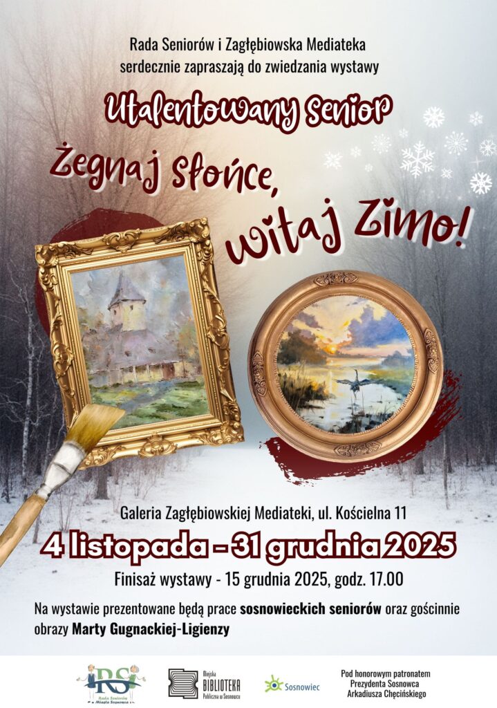 Plakat, którego tło stanowi pejzaż zimowy, a na pierwszym planie wkleone techniką kolażu 2 złote ramy zdobione (jedna okrągła, druga prostokątna), w które wmontowane są 2 obrazy malowane farbami (na jednym jest budynek, na drugim krajobraz - zachód słońca nad rzeką). Poza tym na plakacie widać pędzel częściowo przysłaniający pierwszy obraz (budynek). Na plakacie są też napisy zgodne z opisem wydarzenia.