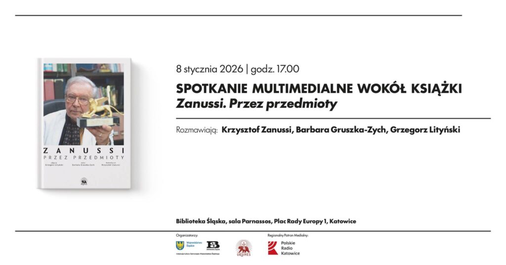Grafika pozioma, biała, na niej okładka książki Zanussi przez przedmioty. Poza tym czarne napisy zgodne z opisem wydarzenia.