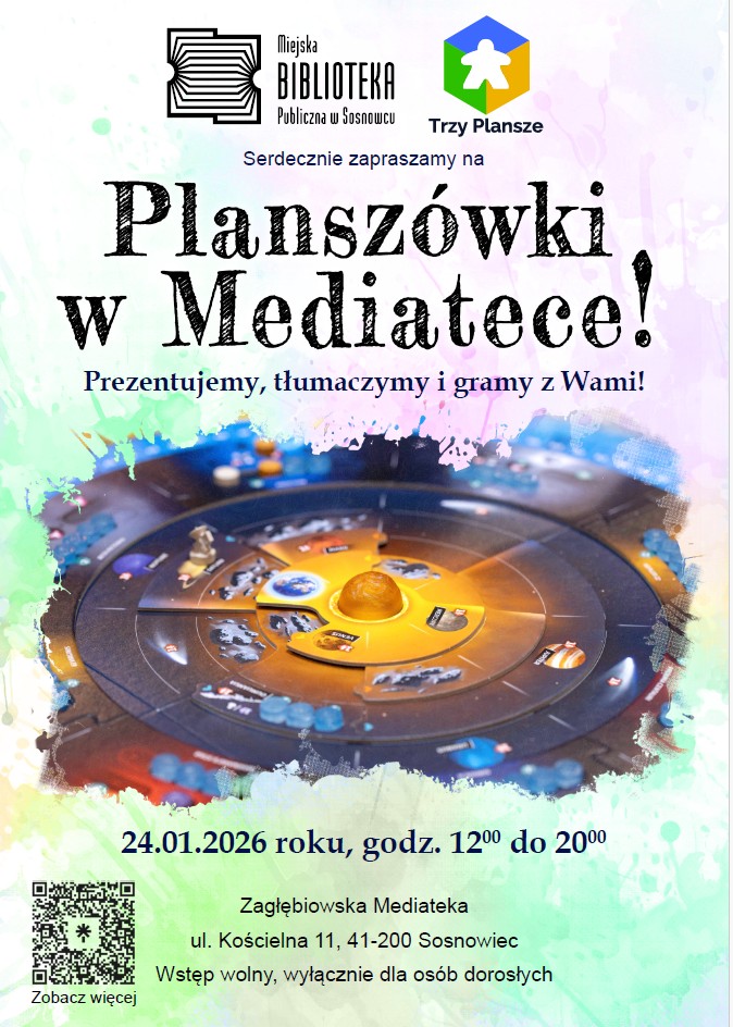 Plakat - tło kolorowe, lekkie kolorowe plamy nałożone delikatnie jakby akwarelą, mocno przebija białe tło. Na te plamy został wmontowany mocno zarysowany główny motyw, jest to fragment zdjęcia przedstawiającego okrągłą planszę z jakieś gry planszowej, być może jest to układ słoneczny. Poza tym czarne napisy zgodne z opisem wydarzenia.