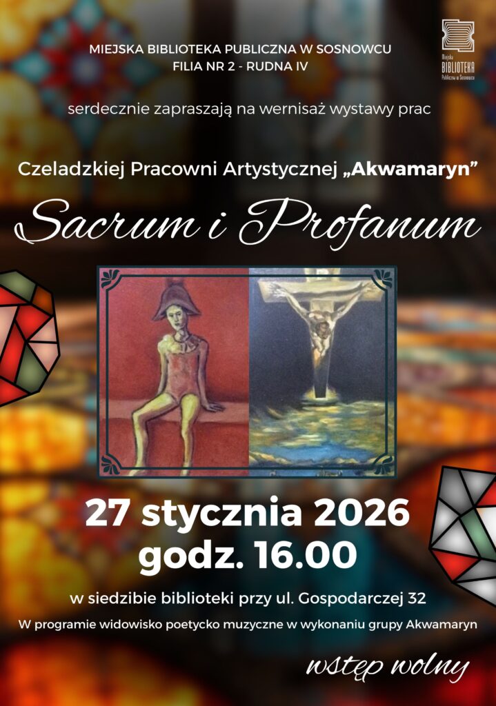 Plakat, w tle rozmazane witraże, na to nałożony główny obraz składający się z dwóch obrazów - po lewej obraz przedstawiający siedzącą postać, po prawej obraz z krzyżem i wiszącym na niej Jezusem. Poza tym białe napisy zgodne z opisem wydarzenia.