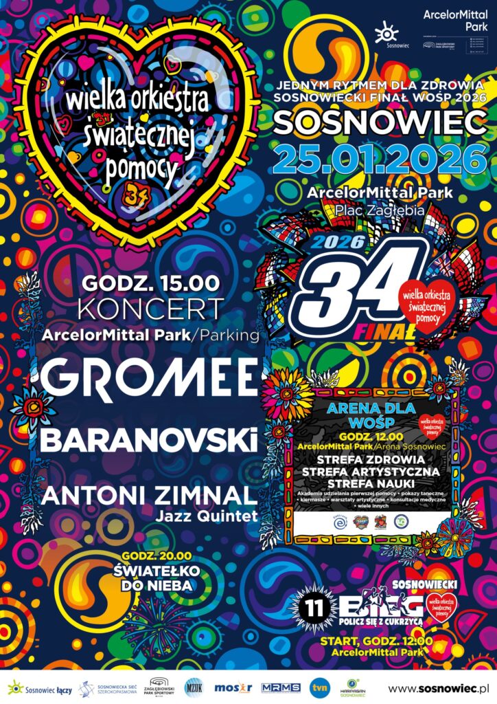 Plakat w stylu Wielkiej Orkiestry Świątecznej Pomocy, czyli dużo kolorowych elementów, dużo fioletów, różu i niebieskości, duża biała liczba 34 (bo 34. finał), poza tym napisy zgodne z opisem wydarzenia.