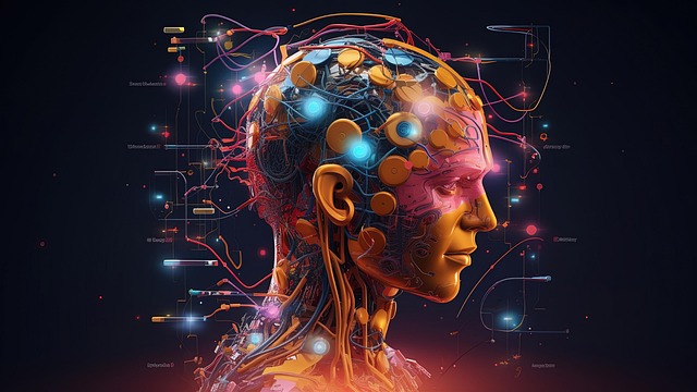 Grafika przedstawiająca cyfrową cybernetyczną postać, w zasadzie jej portret, postać jest zwrócona w prawo, dominujący kolor to pomarańcz. Ni posiada włosów ale różne wypustki oraz kabelki. Obraz został wygenerowany przez sztuczną inteligencję.