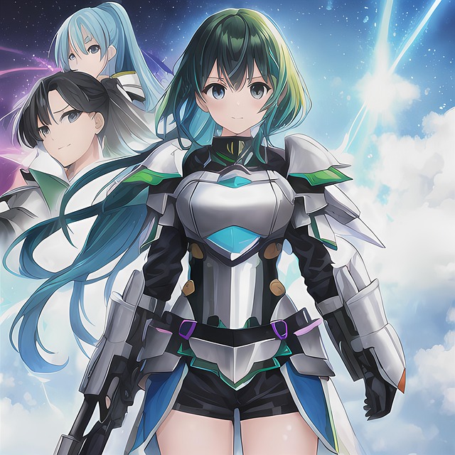 Rysunek cyfrowy - dziewczyna stworzony w stylistyce mangi - krótkie spodenki, zbroja (bez hełmu), wługie włosy. Za nią promienie, rozbłysk dochodzący gdzieś z góry, z nieba. Na drugim planie widać wizerunki 2 innych dziewczyn, również z długimi zielonkawymi włosami (jedna ma bladoniebieskie druga brązowe).