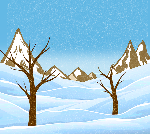 Rysunek cyfrowy - krajobraz zimowy, pagórki, dwa drzewa bez liści, w tle skaliste brązowe góry. Na obrazku przewag koloru jasnoniebieskiego