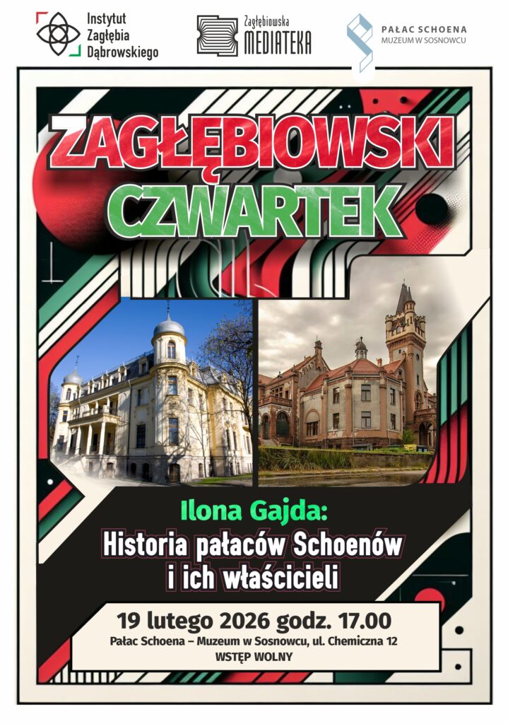 Plakat z dosyć gęstym estetycznie tłem - dużo pasów i innych elementów zielono-biało-czerwonych oraz czarnych, poza tym dwa zdjęcia przedstawiające pałace, a także napisy zielone, czerwone i białe zgodne z opisem wydarzenia.