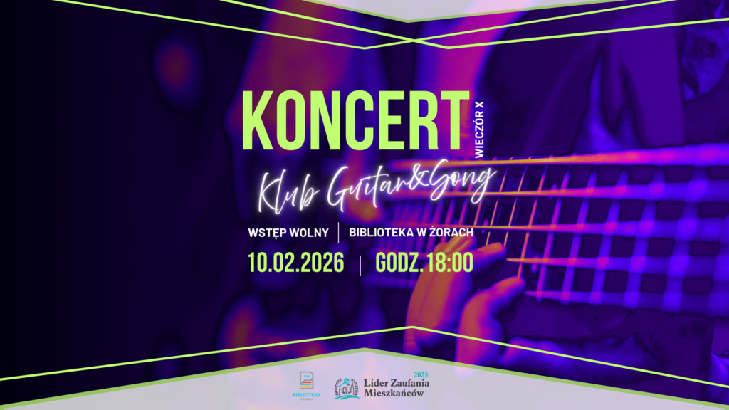 Grafika pozioma, tło ciemne, fioletowo-różowo-pomarańczowe, które jest zdjęciem wykonanym pod kątem ze zbliżeniem na dłonie trzymające gitarę elektryczną. Na tym tle na górze i dole cienkie ozdobne linie w kolorze jasnozielony neon. Poza tym napisy w kolorze tych linii oraz białe, zgodne z opisem wydarzenia.