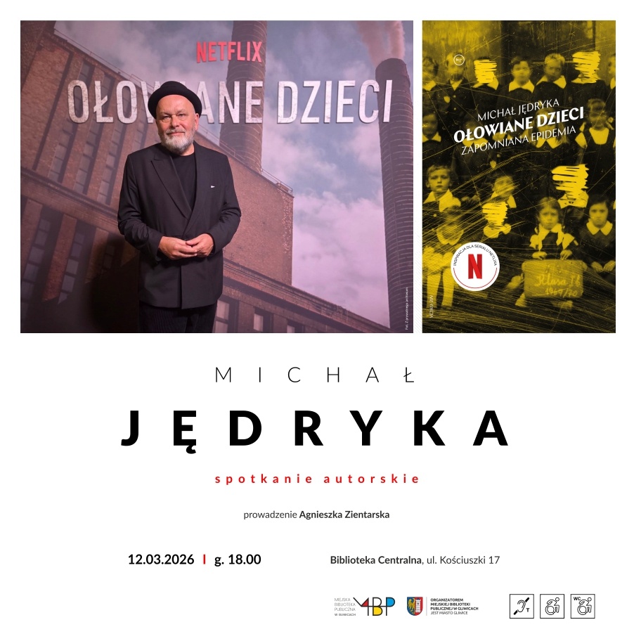 Grafika z białym tle, kwadratowa, u góry zdjęcie mężczyzny na tle grafiki (ogromnego wydruku?) z przmysłowym brazem i napisem "Netflix" oraz "Ołowiane dzieci". Męzczyna ma siwą brodę, kapelusz z małym rondem oraz ciemnoszarą marynarkę i czarne spodnie. Po prawej stronie tego zdjęcia znajduje się żółta fotografia / okładka przedstawiająca dawne zdjęcie grupowe przedstawiająca dzieci (niektóre twarze się pozakreślane). Poniżej tych dwóch zdjęc / grafik znajdują się czarne i czerwone napisy zgodne z opisem wydarzenia 