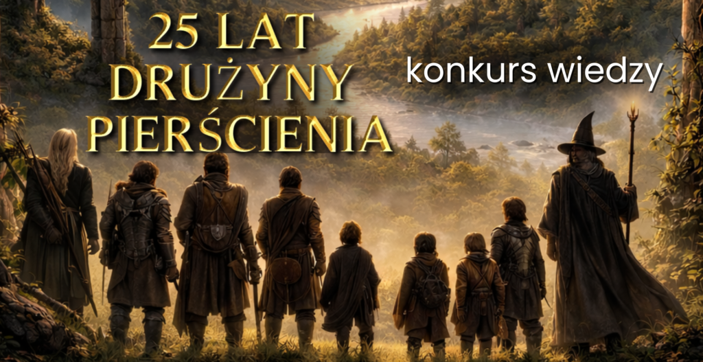 Grafika pozioma przedstawiająca ilustarcję lekko zacienionych 9 postaci stojących w rzędzie (tyłem do oglądającego ilustrację), jedna z nich ma wysoki kapelusz, podpiera się również kijem (osoba ta przypomina Gandalfa). Postacie te zwrócone są w stronę doliny (widać drzewa, rzekę). Ilustracja jest stworzona z detalami, w stylu raczej realistycznym, w kolorystyce przeważają zielenie, brązy. W górnej częsci grafiki napis "25 lat Drużyny Pierścienia" (żółte wersaliki) oraz bardziej z prawej "konkurs wiedzy" (białym kolorem).