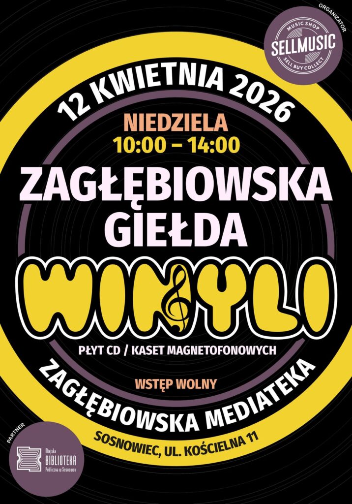 Plakat - czarne tło, duży żółty okrąg , a w nim żółte i białe napisy zgodne z opisem wydarzenia.
