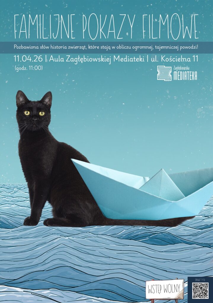 Plakat - ilustracja / kolaż przedstawiająca realistycznego czarnego kota z żółtymi oczami stojącego na falach lub górach, obok niego / przed nim stoi statek zrobiony z papieru sięgający kotu do połowy ciała. W tle Niebieskie niebo z gwiazdami. Poza tym napisy zgodne z opisem wydarzenia.