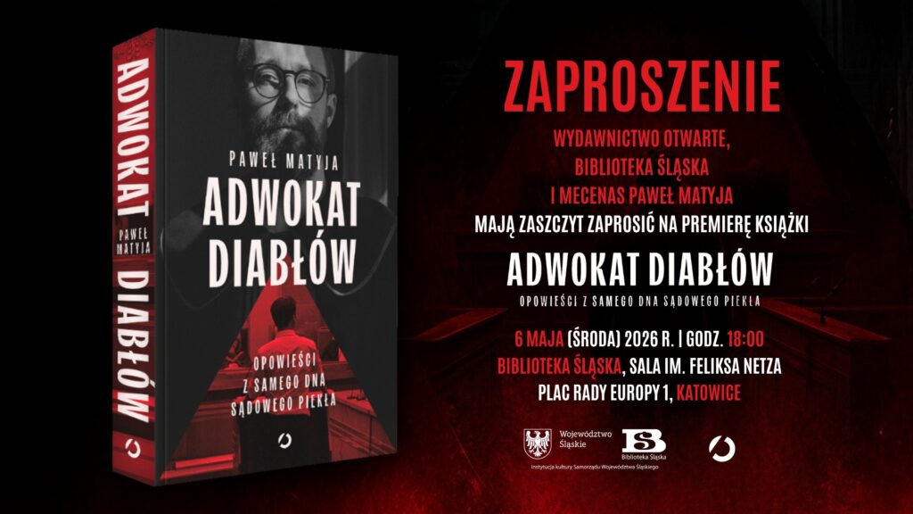 Baner - tło ciemnoczerwono-czarne. Z lewej strony okładka książki Adwokat diabłów, z prawe napisy (w kolorze białym i czerwonym) zgodne z opisem wydarzenia.