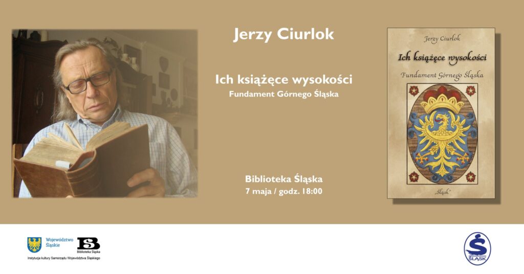 Baner w kolorze beżu / jaśniejszego brązu. Po lewej stronie banera zdjęcie przedstawiające portret mężczyzny w okularach czytającego grubą, starą księgę. Mężczyzna w wieku 65+, z dłuższymi rozpuszczonymi włosami zaczesanymi do tyłu. Po prawej stronie banera znajduje się okładka książki pt. Ich książęce wysokości. Poza tym białe napisy zgodne z opisem wydarzenia.