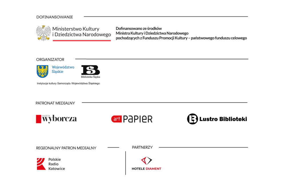 Biały baner z logotypami (Ministerstwo Kultury i Dziedzictwa Narodowego, Województwo Śląskie, Biblioteka Śląska, Wyborcza itd.)