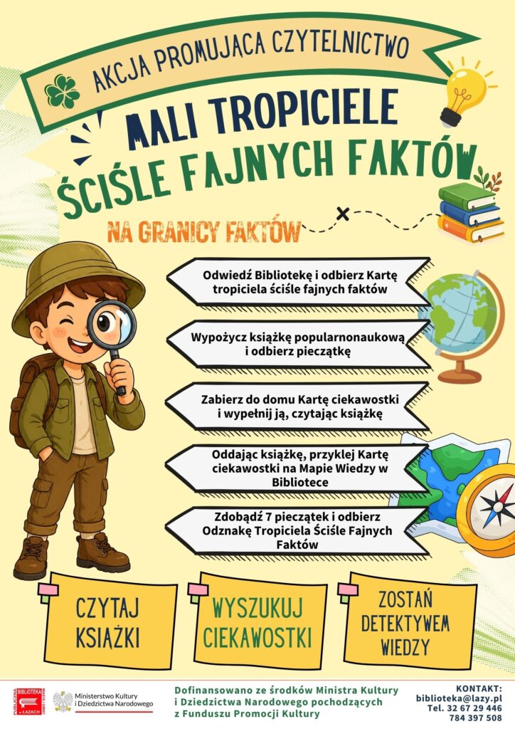 Plakat rysunkowy, kolorowy, tło żółte, na nim poukładane elementy, strzałki, napisy oraz rysunki - duży chłopczyk podróżnik w zielonym stroju-patrzący przez lupę (chłopiec ten jest z lewej strony plakatu oraz inne rysunki (książki, globus, kompas itd.). Napisy zgodne z opisem wydarzenia