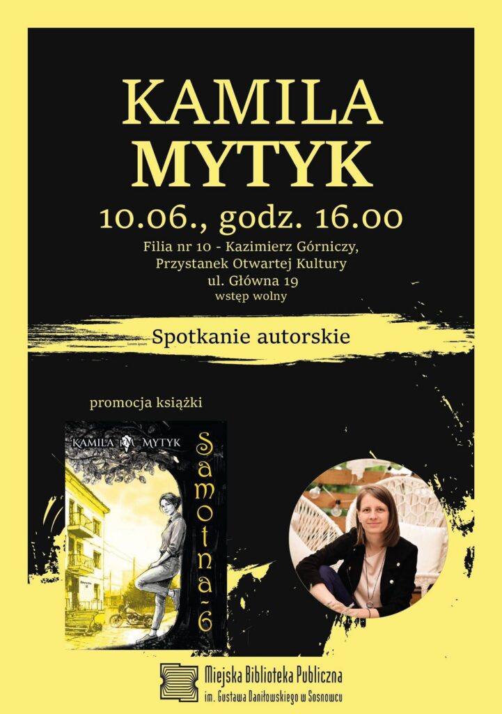 Plakat w pionie, czarne tło, dookoła bladożółta nieregularna ramka. Na dole zdjęcie okładki książki (również kolorach czarno-żółtych) oraz na dole po prawej zdjęcie przedstawiające kobietę wpisane w okrąg. Poza tym napisy zgodne z treścią wydarzenia (żółte na czarnym tle).
