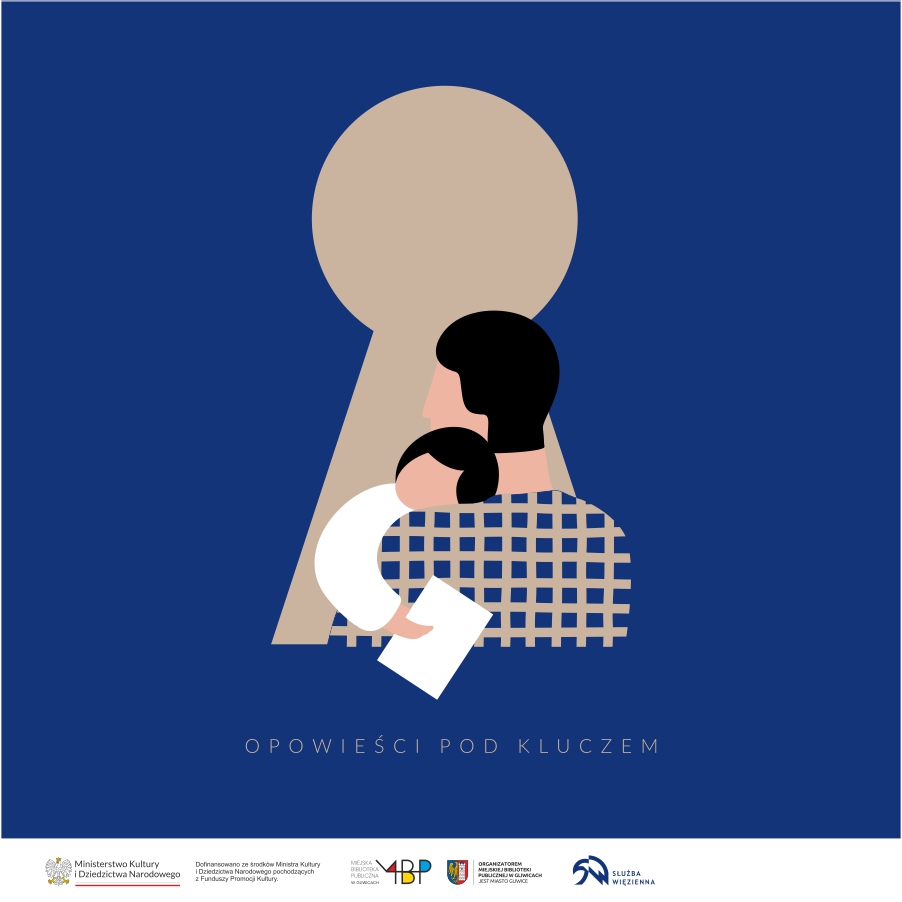 Grafika - tło granatowe (apla), na tym tle wypełniony beżowym kolorem duży kształt dziurki od klucza. Ta beżowa dziurka stanowi tło dla rysunku minimalistycznego przedstawiającego mężczyznę trzymającego na rękach kilkuletnie dziecko (dziecko  z kolei trzyma w dłoni białą kartkę lub książkę). Ubranie mężczyzny ma symboliczny wzór kraty.