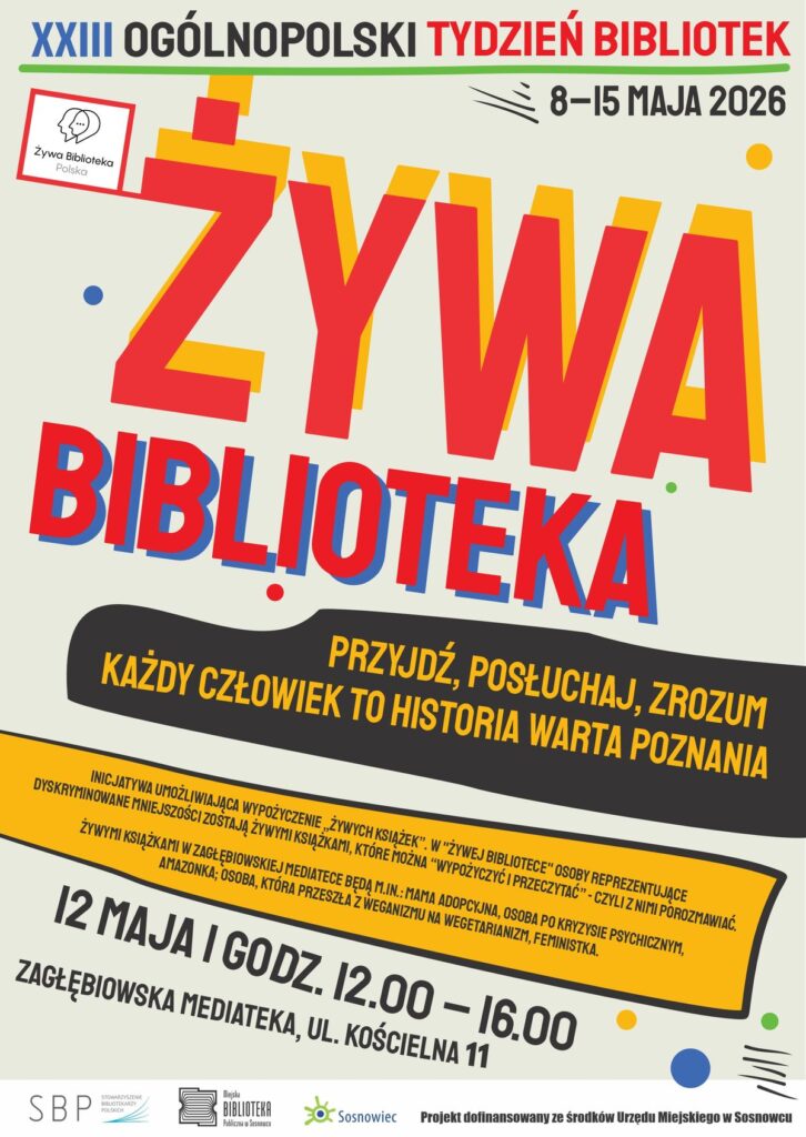 Plakat z jasnym tłem, na nim duże (głównie czerwone, ale też żółte i czarne) napisy ułożone pod skosem, zgodne z opisem wydarzenia. Poza tym elementy ozdobne (kolorowe) - kropki, kreski itd.
