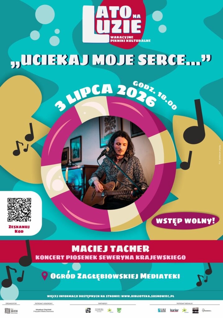 Plakat - tło turkusowe w dwóch odcieniach, z w stylu flat design - przypomina wodę, bąbelki, fale, poza tym dwa abstrakcyjne kształty w kolorze musztardowym, na środku ilustracja koła ratunkowego (w różowe i beżowe poprzeczne pasy), w środku koła wpisany portret fotograficzny długowłosego, grającego na gitarze mężczyzny w ciemnej wzorzystej koszuli, spoglądającego na gitarę. Przed mężczyzną stoi mikrofon na statywie. Poza kołem narysowane są czarne nutki. Poza tym białe napisy zgodne z opisem wydarzenia.