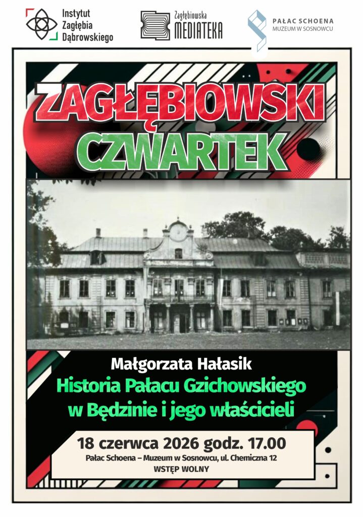 Plakat - u góry tło abstrakcyjne w kolorach czerwono - czarno-kremowych (paski kółka itd.). U dołu podobne tło. Na środku fotografia czarno-biała przedstawiająca pałac. Na górnym tle napis Zagłębiowski Czwartek )pisany czerwonym oraz zielonym fontem z białym a także białym cienki konturem. Na dolnym tle Napisy (białe, zielone oraz czarne) zgodne z opisem wydarzenia.