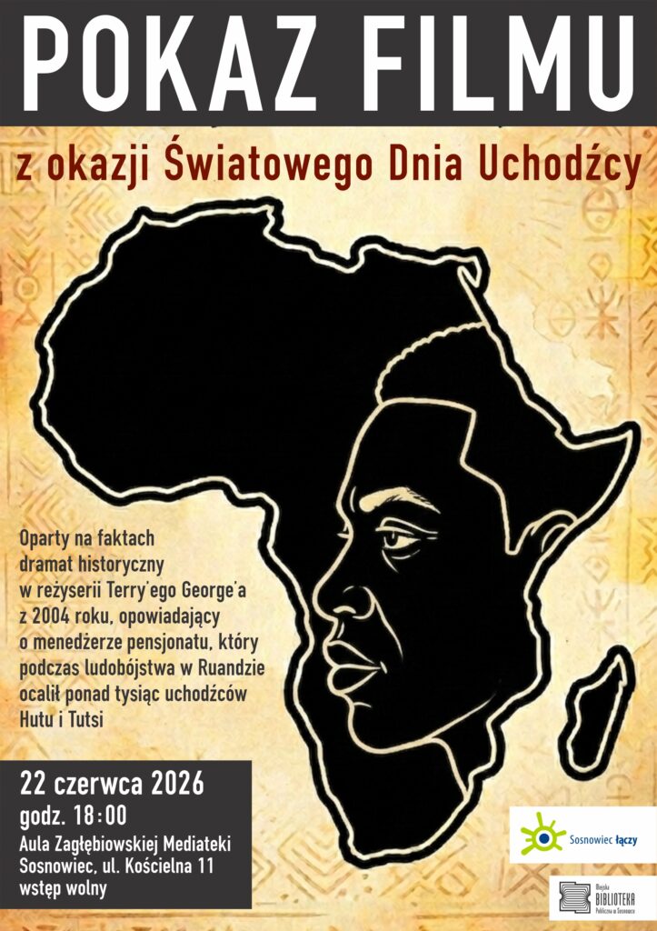 Plakat - tło lekko mazane w kolorach żółci (miejscami ciemniejszej, w środkowej części plakatu jednak wyblakłego). Na tym tle duży kształt Afryki wypełniony na czarno, w środu tego kształtu jasny kontur / szkic o kształcie głowy / twarzy czarnoskórego mężczyzny, Poza tym napisy czarne i ciemnoczerwone zgodne z opisem wydarzenia. Na samej górze poziomy ciemnoszary pasek z białym napisem POKAZ FILMU.