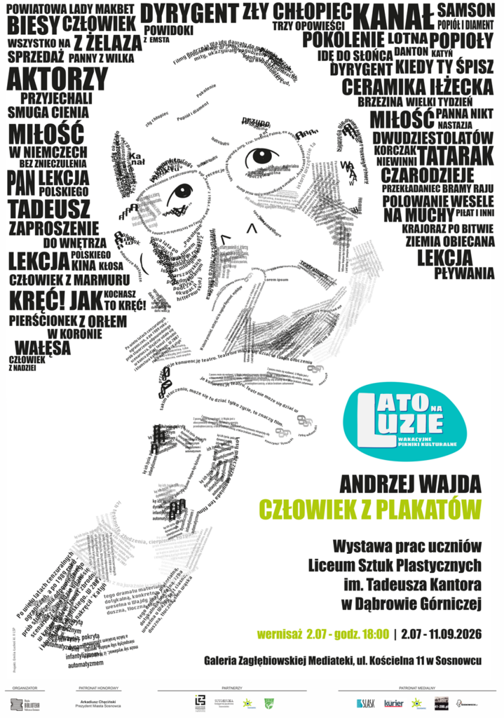 Plakat - białe tło, na nim wizerunek Lema utworzony z małych odpowiednio ułożonych napisów (np, okulary są "narysowane" najmniejszym fontem). Poza tym napisy zgodne z opisem wydarzenia.
