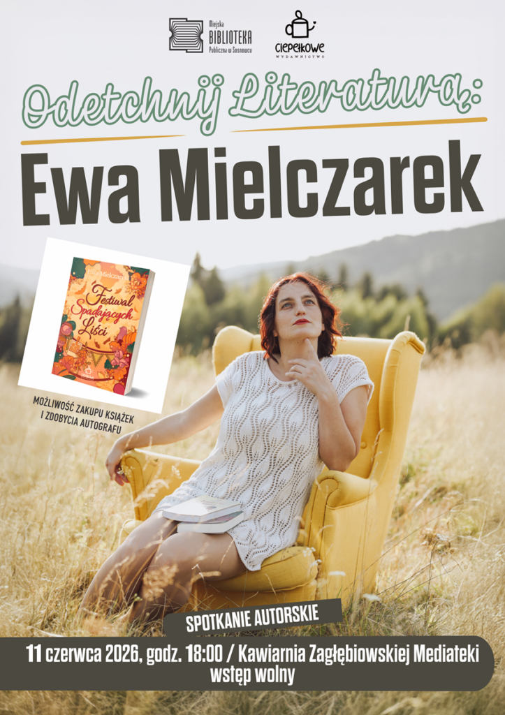 Na plakacie zdjecie wypełniające cąły plakat - kobieta siedząca w żółtym fotelu (uszaku) ustawionym w żółtej trawie (lub zbożu), w tle góry, drzewa. Kobieta ma ciemnorude włosy do ramion,  ma nałożoną białą sukienkę, jedną dłonią opiera się o podłokietnik fotela, drugą ma na wysokości szyi, głowa uniesiona wysoko, na kolanach ułożone są dwie książki. Poza tym napisy zgodne z opisem wydarzenia. 