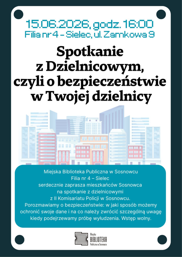Plakat - białe tło , u dołu turkusowy prostokąt poziomy z zaokraglonymi rogami, na nim naniesione białe napisy. Nad tym porstokąten obrazek przedstawiające budynki miejskie (wieżowce) o rozjaśnionych kolorach (jakby półprzezroczyste), nad budynkami duże napisy czarne napisy (jeszcze wyżej turkusowe napisy). Na plakacie ogólnie teksty zgodne z opisem wydarzenia.